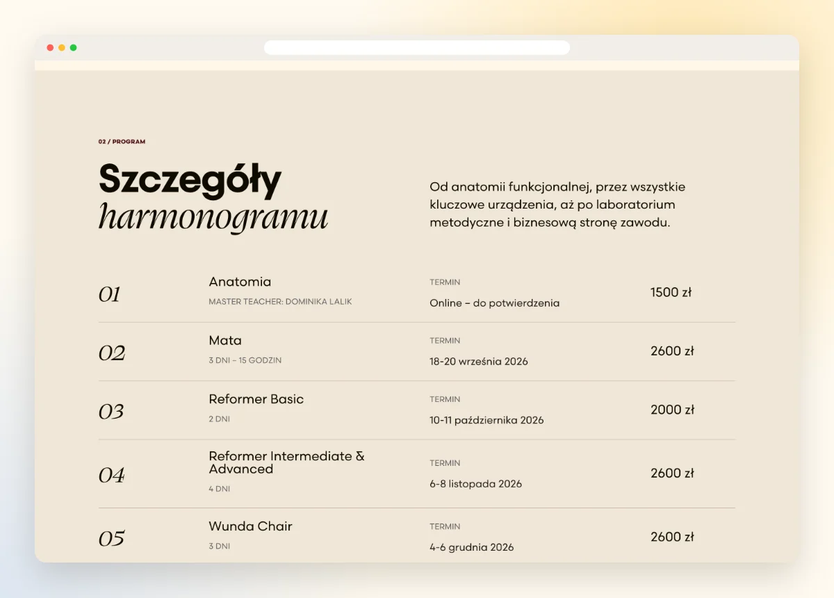 Harmonogram modułów kursu z terminami