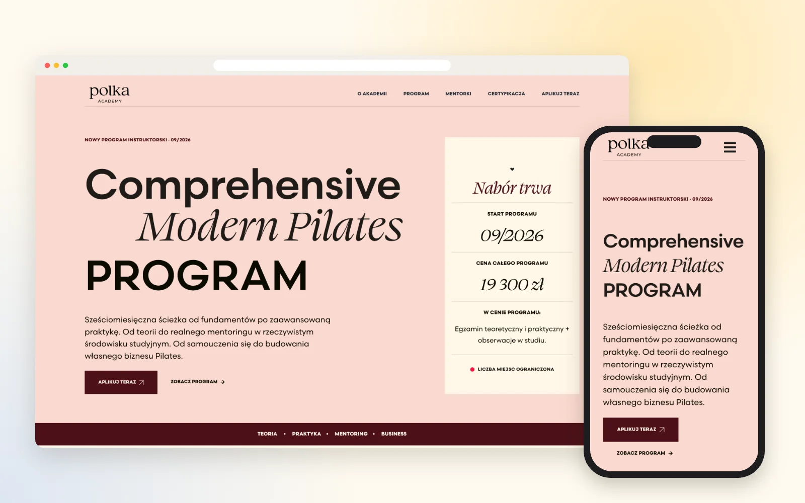 Landing page kursu instruktorskiego pilatesu – widok na laptopie i smartfonie Landing page kursu instruktorskiego pilatesu – widok na laptopie i smartfonie