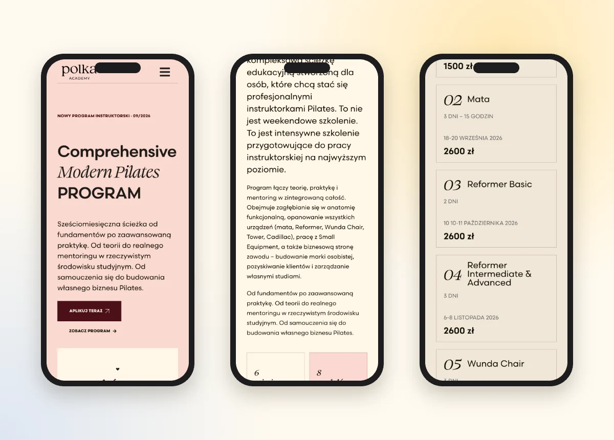 Landing page kursu instruktorskiego na smartfonie