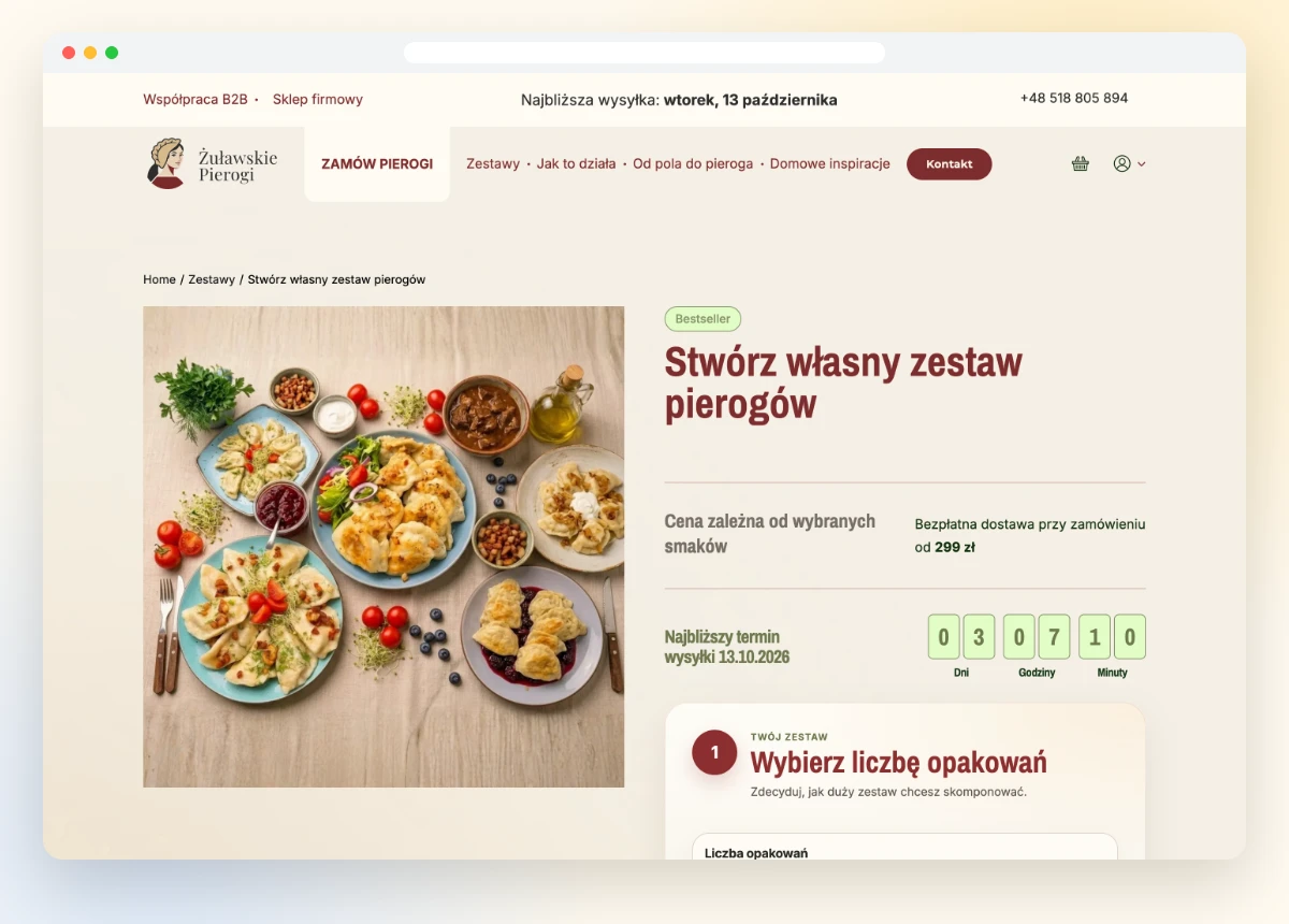 Kreator własnego zestawu pierogów z licznikiem do wysyłki