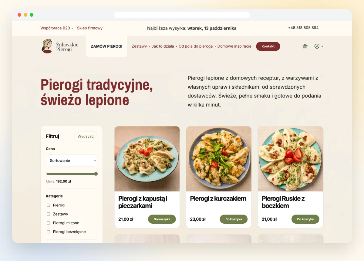 Listing produktów z filtrami w sklepie z pierogami
