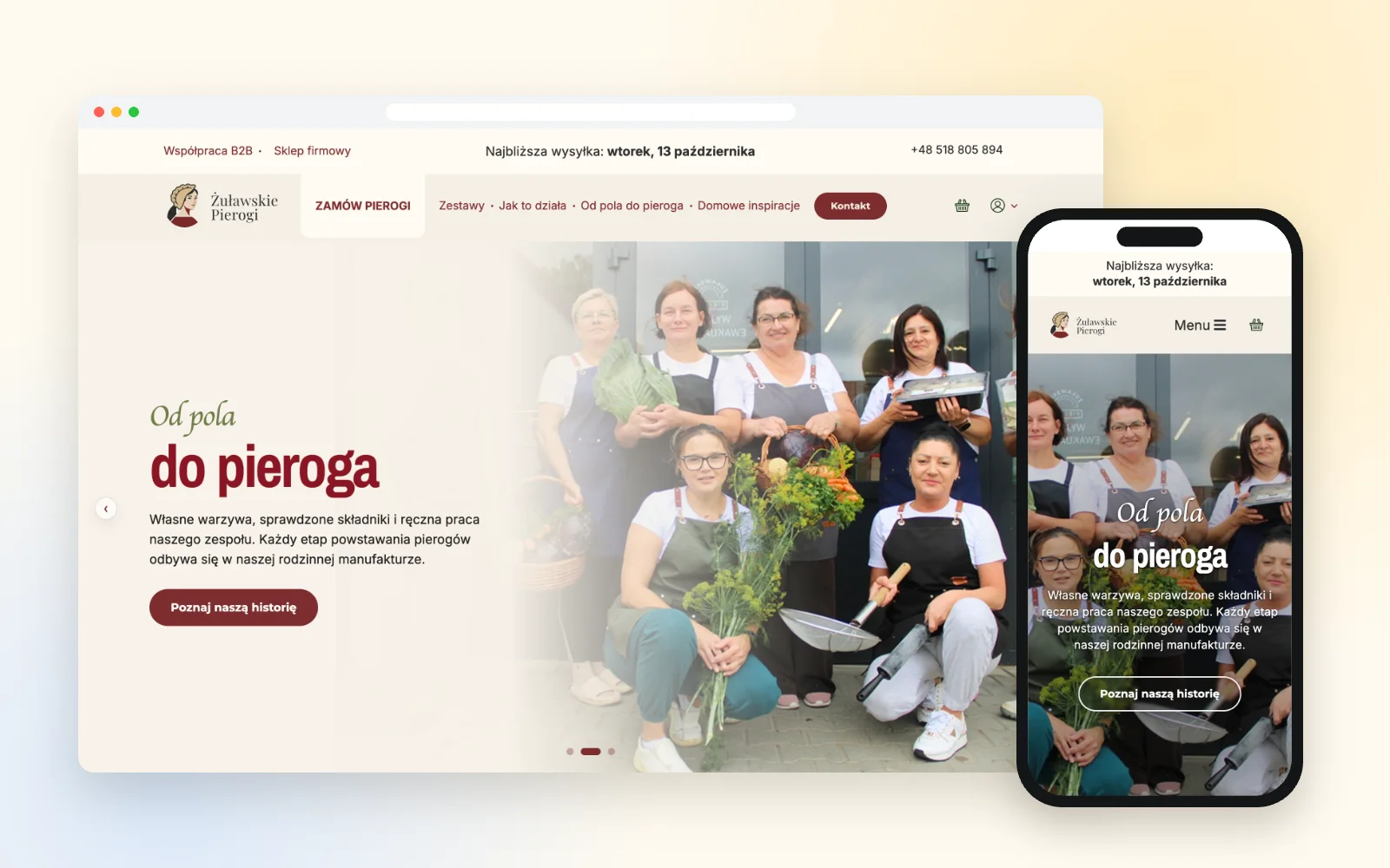 Sklep internetowy z pierogami – widok na laptopie i smartfonie