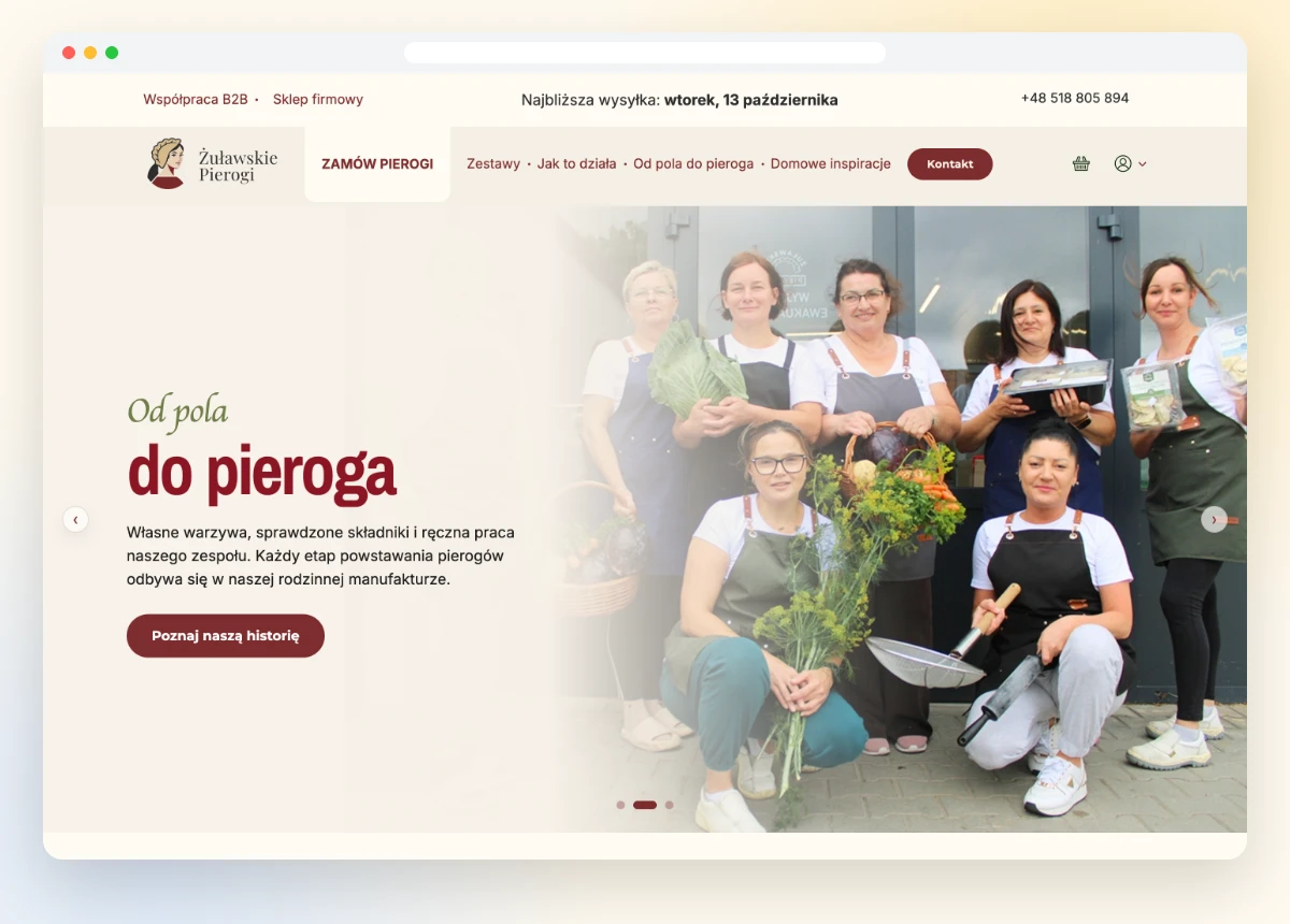 Strona główna sklepu z pierogami z datą najbliższej wysyłki
