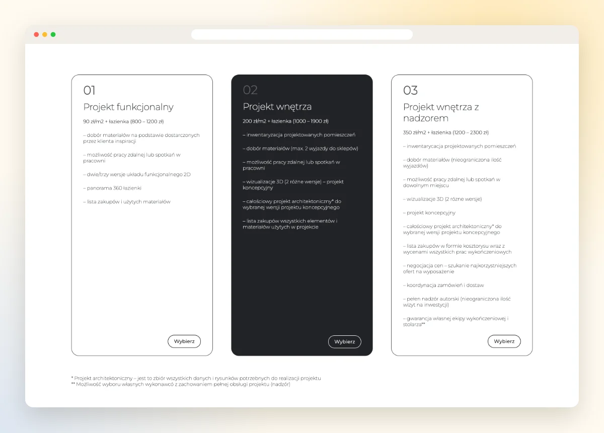 Oferta pakietów projektowych na stronie studia wnętrz Oferta pakietów projektowych na stronie studia wnętrz