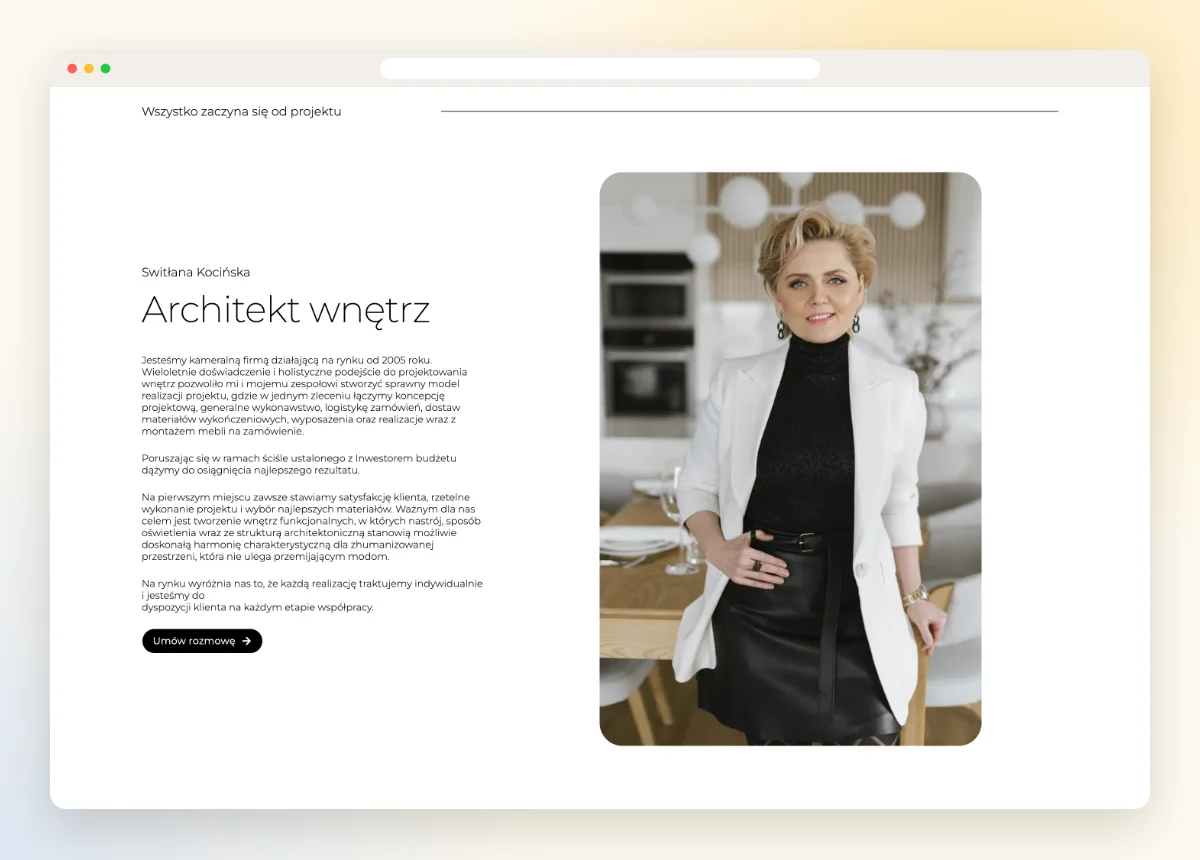 Sekcja o architektce wnętrz na stronie studia projektowego Sekcja o architektce wnętrz na stronie studia projektowego