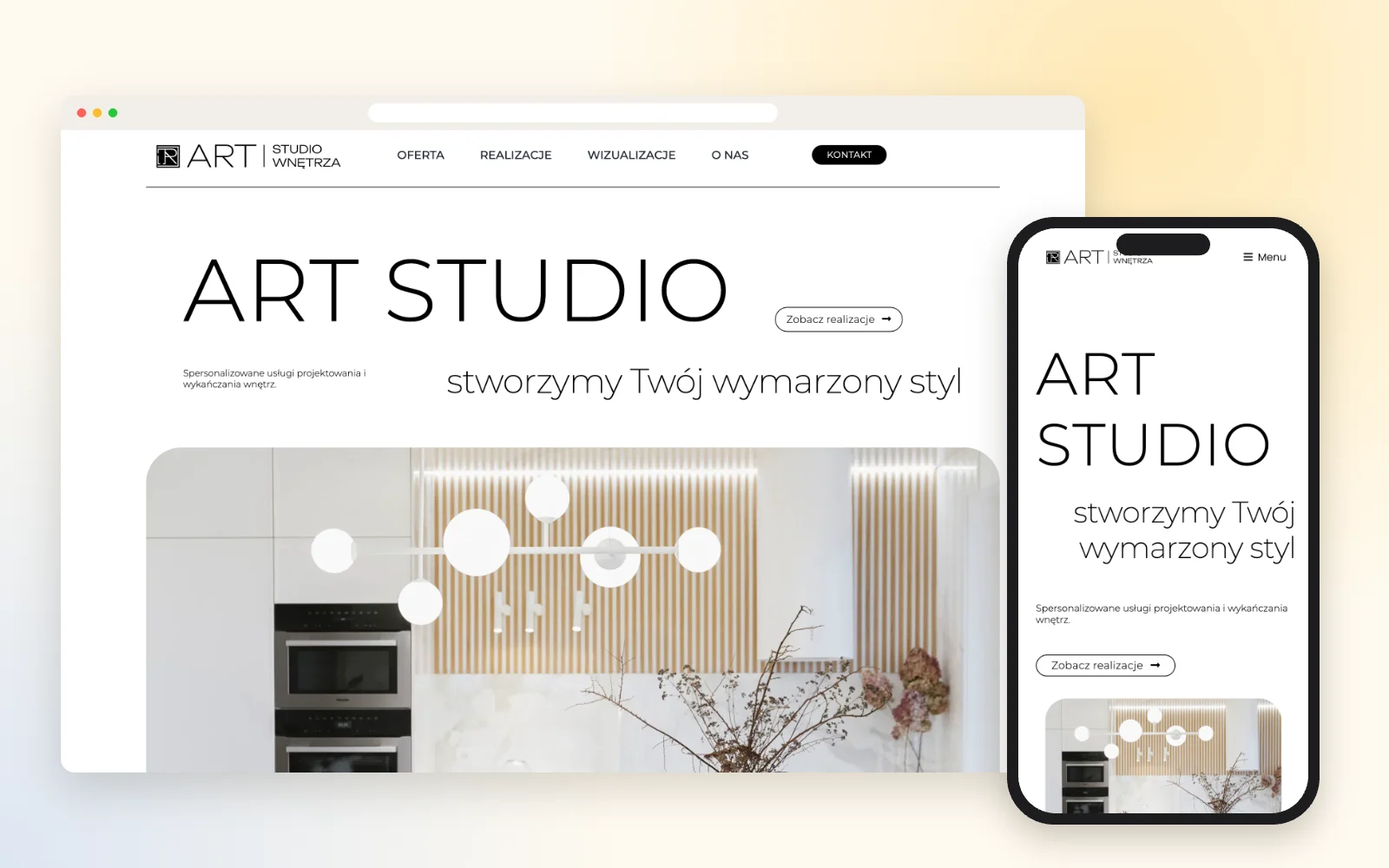 Strona studia projektowania wnętrz – widok na laptopie i smartfonie Strona studia projektowania wnętrz – widok na laptopie i smartfonie