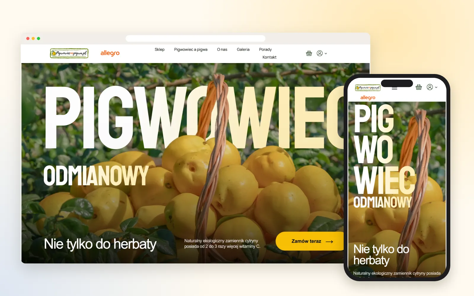 Sklep internetowy z owocami pigwowca – widok na laptopie i smartfonie Sklep internetowy z owocami pigwowca – widok na laptopie i smartfonie