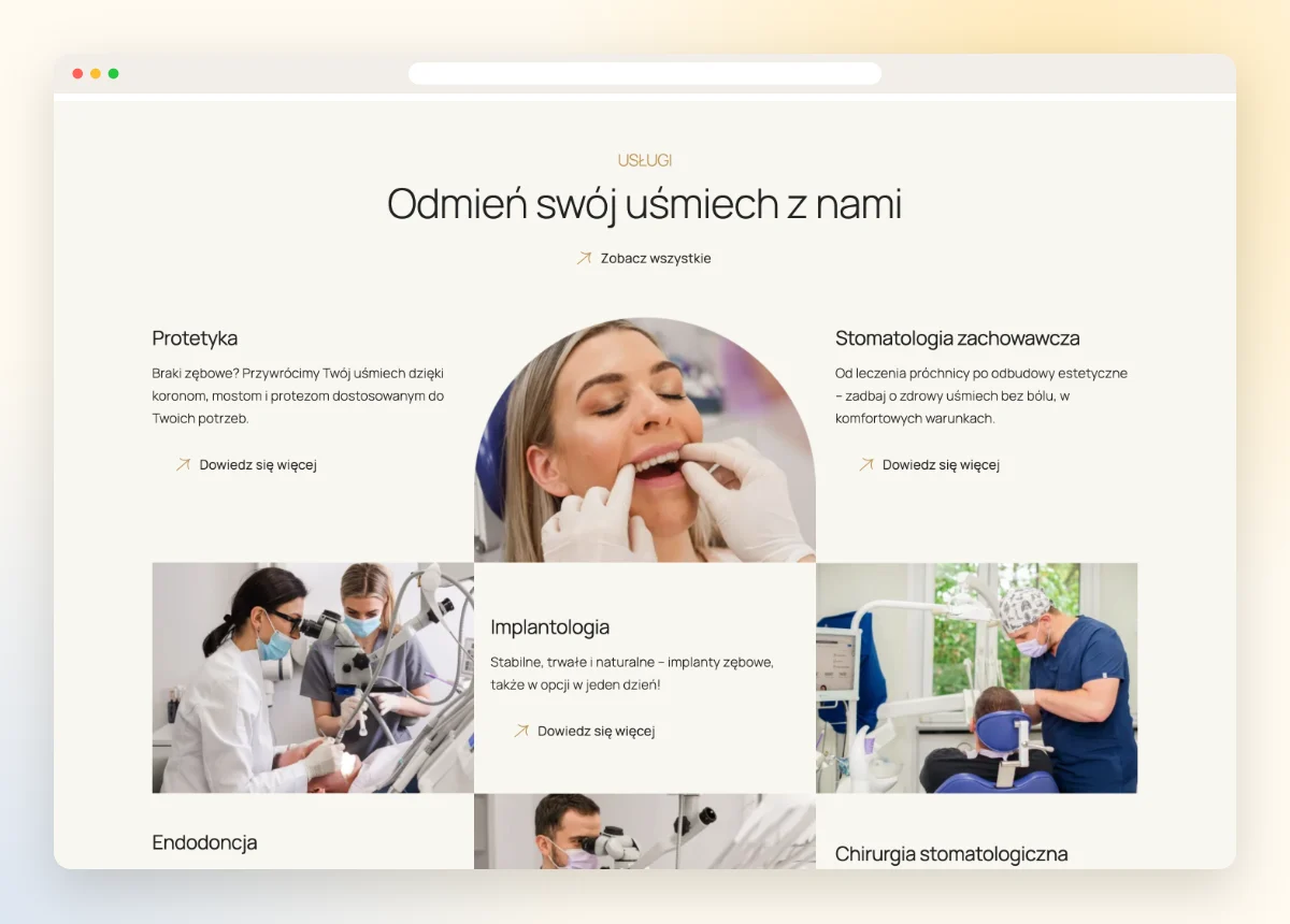 Sekcja usług stomatologicznych na stronie gabinetu