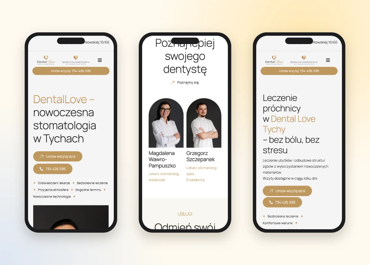 Strona gabinetu stomatologicznego na smartfonie
