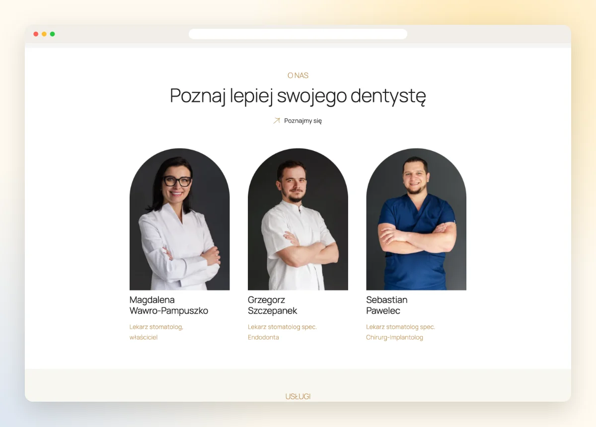 Sekcja z zespołem lekarzy na stronie gabinetu stomatologicznego