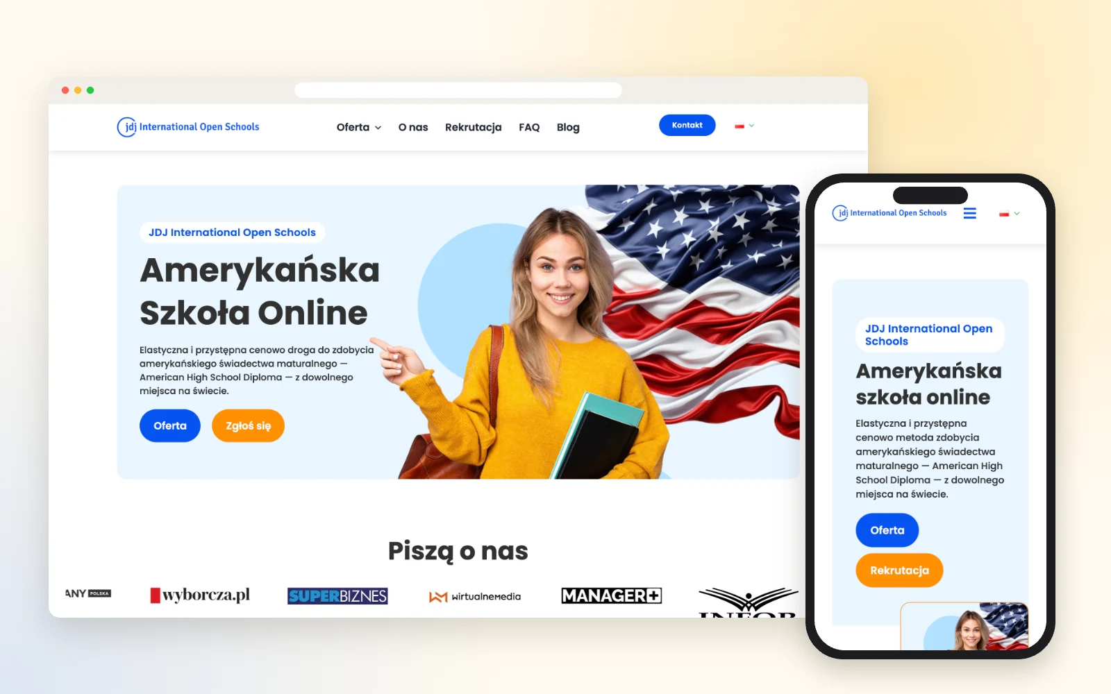 Strona amerykańskiej szkoły online – widok na laptopie i smartfonie Strona amerykańskiej szkoły online – widok na laptopie i smartfonie