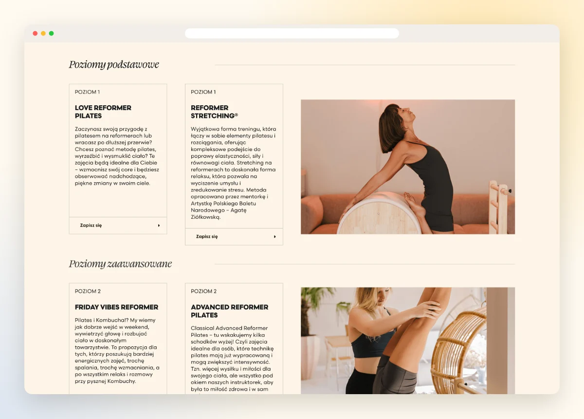 Podstrona z poziomami zajęć pilatesu Podstrona z poziomami zajęć pilatesu