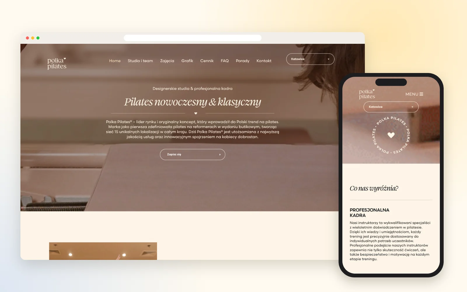 Strona sieci studiów pilatesu – widok na laptopie i smartfonie Strona sieci studiów pilatesu – widok na laptopie i smartfonie